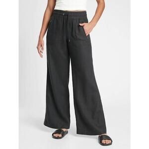 Athleta Black Wide Leg Cabo 100% Linen Pants 8P Drawstring Elastic Lightweight
